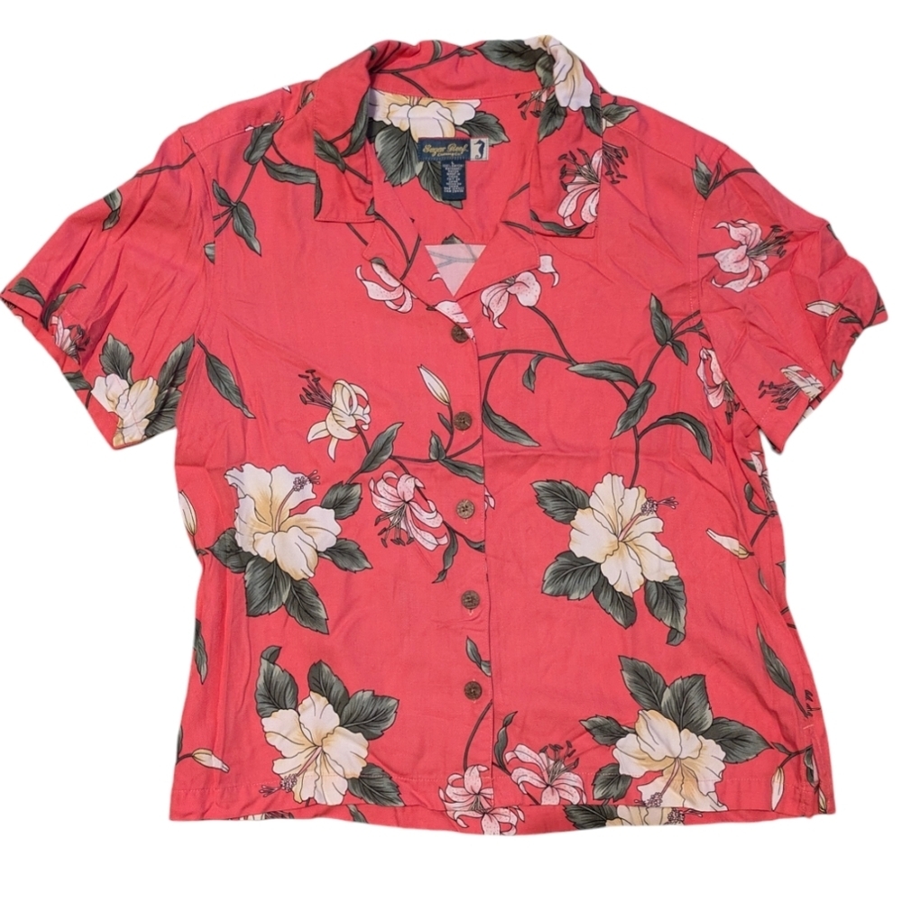 NEW*Sugar Reef Hawaiian Top Dopamine Vacation Coral Floral Button Flowy Hibiscus